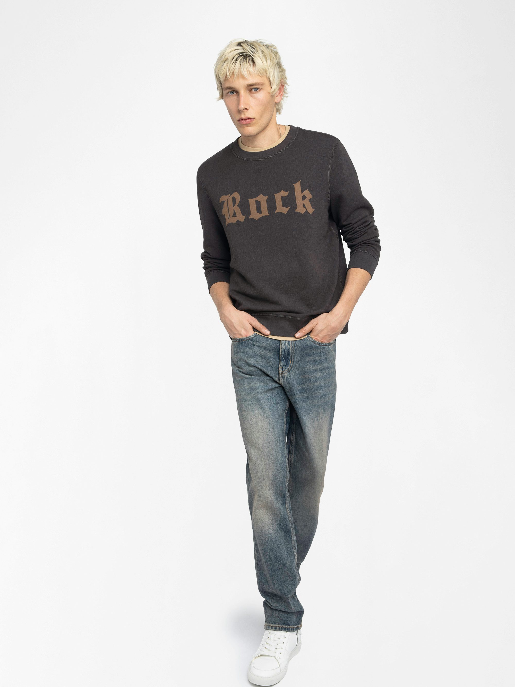 Sweatshirt Stony - Long-sleeved sweatshirt with chevron ribbed cuffs and front print.